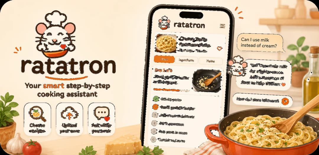 Ratatron mascot, the chef-hat rat with a bowl, beside a phone showing a creamy garlic parmesan pasta recipe with AI chat replies