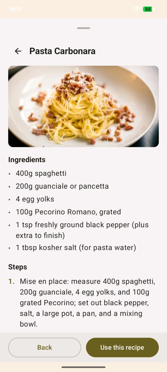 Ratatron recipe detail for Pasta Carbonara with ingredients and step 1 mise en place