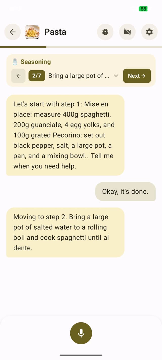 Ratatron mid-cooking session on step 2 of 7 with voice mic active