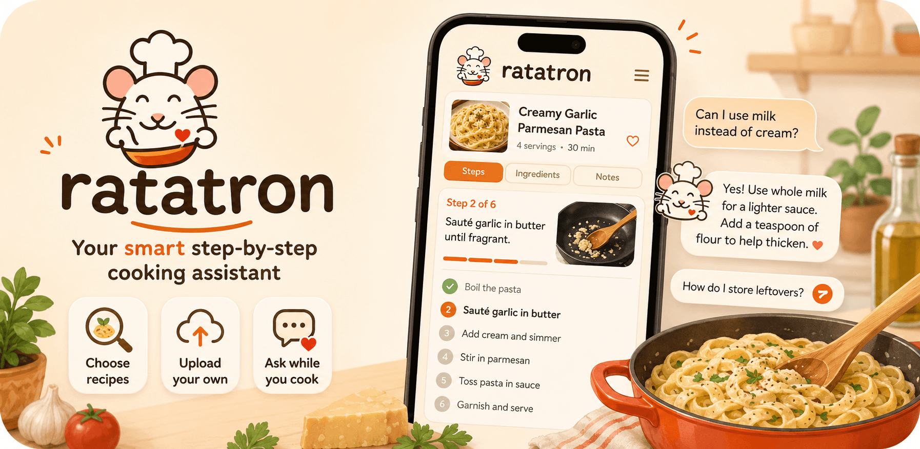 Ratatron mascot, the chef-hat rat with a bowl, beside a phone showing a creamy garlic parmesan pasta recipe with AI chat replies