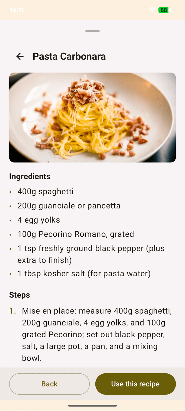 Ratatron recipe detail for Pasta Carbonara with ingredients and step 1 mise en place