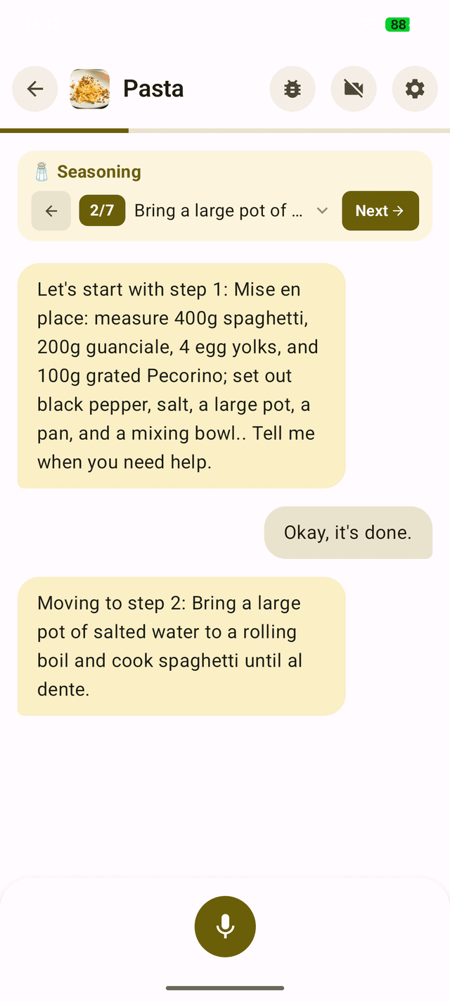 Ratatron mid-cooking session on step 2 of 7 with voice mic active