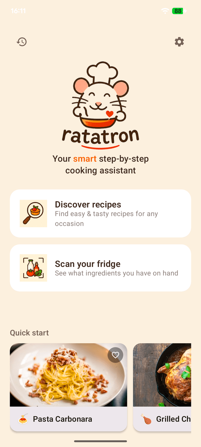 Ratatron welcome screen with Discover recipes, Scan your fridge, and a Pasta Carbonara quick-start card